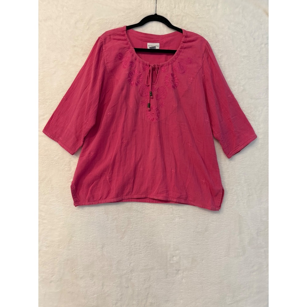 Soft Surroundings Pink Cotton Gauze Embroidered Tunic Top Womens PXL Boho Blouse
